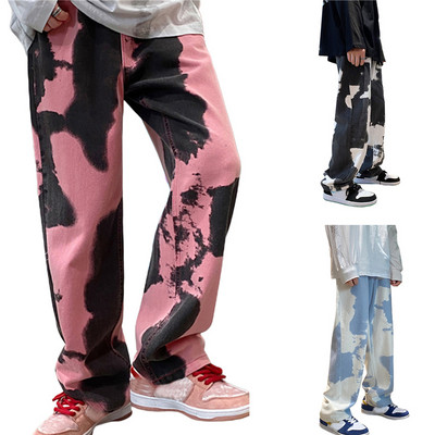 Muške duge traperice Tie-Dye srednjeg struka isprane vrećaste široke traper hlače za dječake crne/ružičaste/svijetloplave