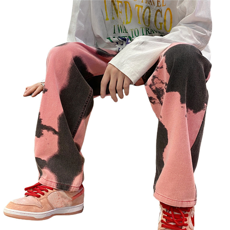 Muške duge traperice Tie-Dye srednjeg struka isprane vrećaste široke traper hlače za dječake crne/ružičaste/svijetloplave
