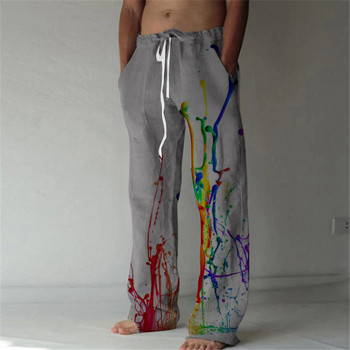 Мъжки пигментни прави панталони 3D принт Еластичен дизайн на шнурове Панталони с преден джоб Плажни графични щампи в цвят на дъгата Комфорт