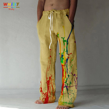 Мъжки пигментни прави панталони 3D принт Еластичен дизайн на шнурове Панталони с преден джоб Плажни графични щампи в цвят на дъгата Комфорт
