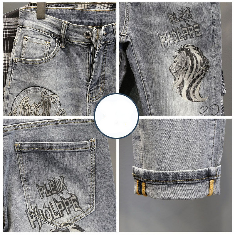 Proljeće Jesen Dečački Mladi Elegantni Denim Dizajnerski Grafika Lion Hot Drill Ležerni Sivi Tanki Cargo Muški Jeans Hlače Muški