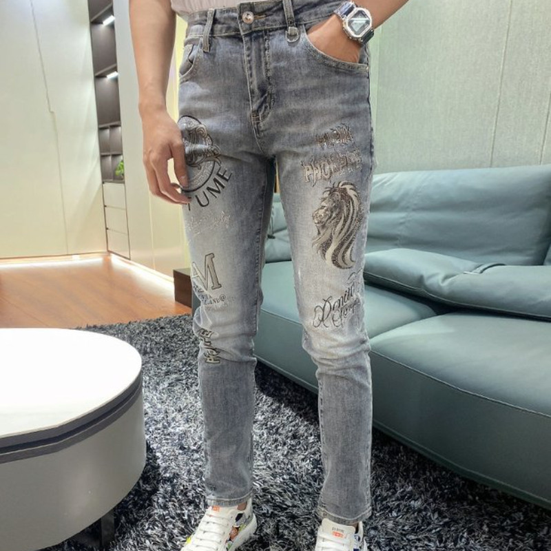 Proljeće Jesen Dečački Mladi Elegantni Denim Dizajnerski Grafika Lion Hot Drill Ležerni Sivi Tanki Cargo Muški Jeans Hlače Muški