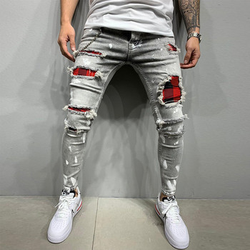 Мъжки рисувани еластични тесни дънки Slim Fit Скъсани дънкови панталони с плисирани колена Маркови ежедневни панталони за Masculina