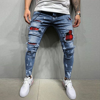 Мъжки рисувани еластични тесни дънки Slim Fit Скъсани дънкови панталони с плисирани колена Маркови ежедневни панталони за Masculina