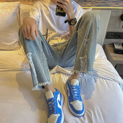 Traperice Muški Hole Denim Ulzzang Chic Moda Opuštene Ravne Ljetne Tanke Ins Moda High Street Tinejdžeri Sve za slobodno vrijeme Jednobojne