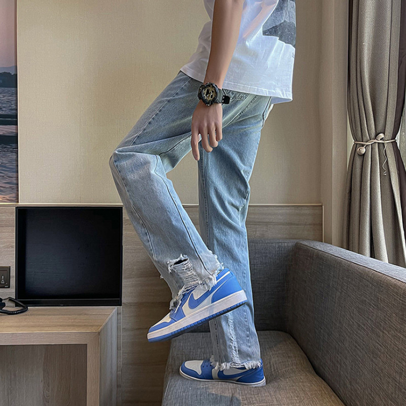 Traperice Muški Hole Denim Ulzzang Chic Moda Opuštene Ravne Ljetne Tanke Ins Moda High Street Tinejdžeri Sve za slobodno vrijeme Jednobojne