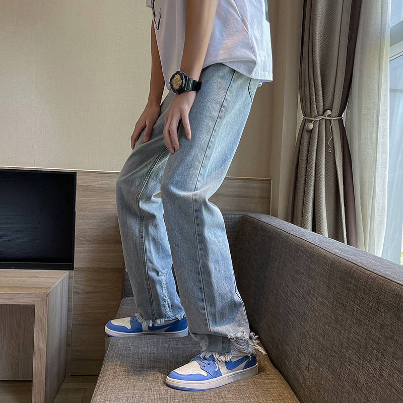 Traperice Muški Hole Denim Ulzzang Chic Moda Opuštene Ravne Ljetne Tanke Ins Moda High Street Tinejdžeri Sve za slobodno vrijeme Jednobojne