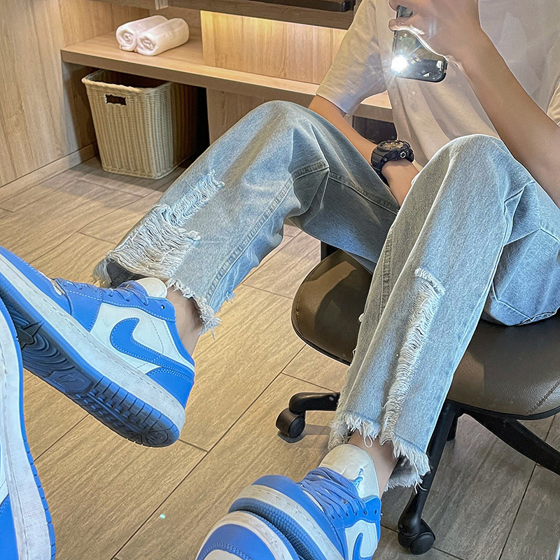 Traperice Muški Hole Denim Ulzzang Chic Moda Opuštene Ravne Ljetne Tanke Ins Moda High Street Tinejdžeri Sve za slobodno vrijeme Jednobojne