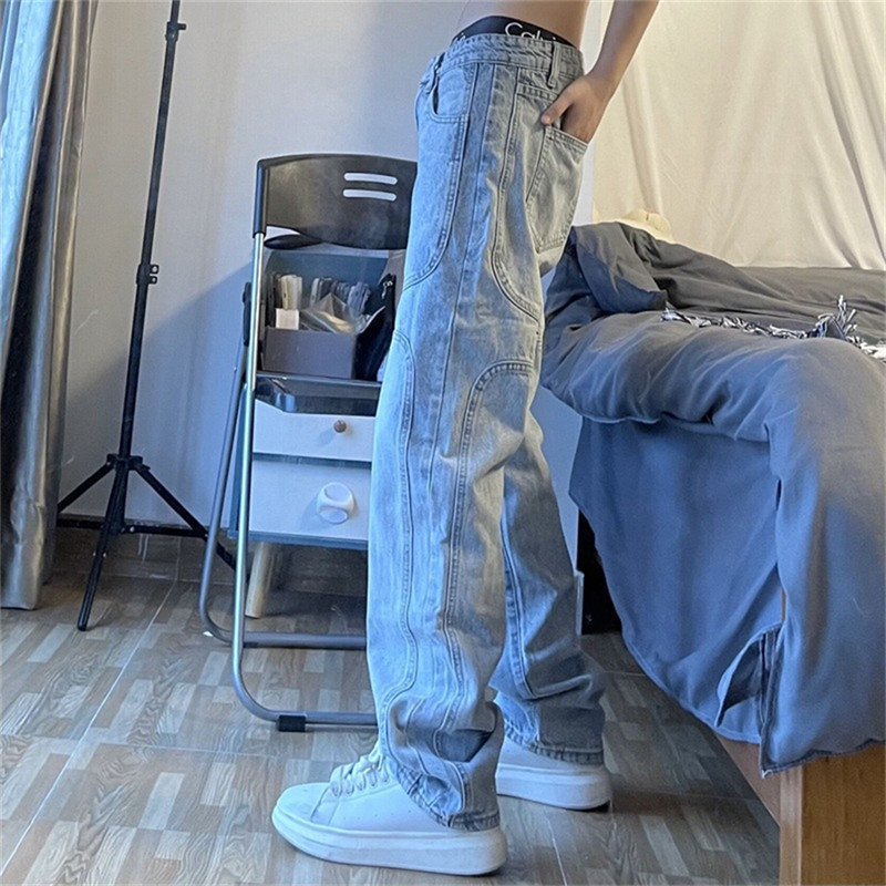 FOJAGANTO Muške traper hlače National Tide Retro ravne plave traperice širokih nogavica Opuštene ležerne traper hlače za par High Street Muške traper hlače