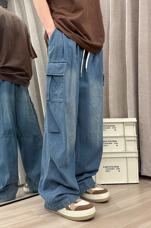 Meeste teksad lahtised sirged laia säärega teksapüksid meeste hip-hop tänavarõivad rula Neutraalne teksapüksid Mopping Cargo teksad