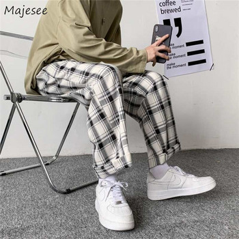 Ανδρικό παντελόνι καρό χαλαρό άνετο ρετρό casual all-match ελαστική μέση Κομψό παντελόνι φαρδύ πόδι Μόδα Streetwear Κορεάτικο στιλ