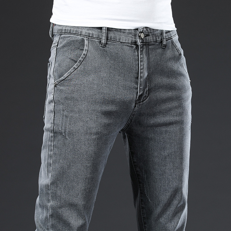 Muške ležerne uske traperice srednjeg struka Udobne ravne elastične plave traper hlače klasičnog stila Muške sive hlače