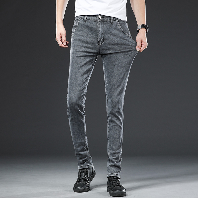 Muške ležerne uske traperice srednjeg struka Udobne ravne elastične plave traper hlače klasičnog stila Muške sive hlače