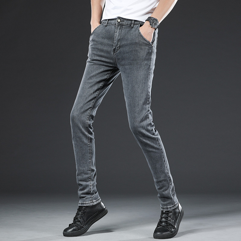 Muške ležerne uske traperice srednjeg struka Udobne ravne elastične plave traper hlače klasičnog stila Muške sive hlače