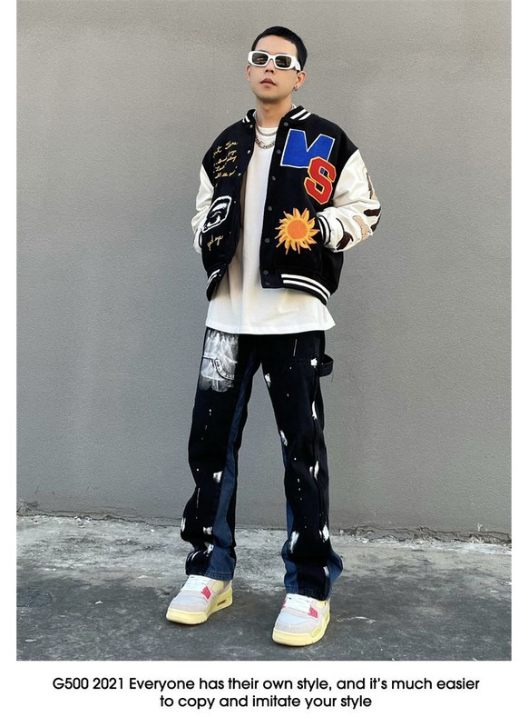 Disainiga pritsmete tindiga graffiti teksad High street vibe püksid meeste sirge õmblusega lahtised mustad Ameerika pikad püksid tide