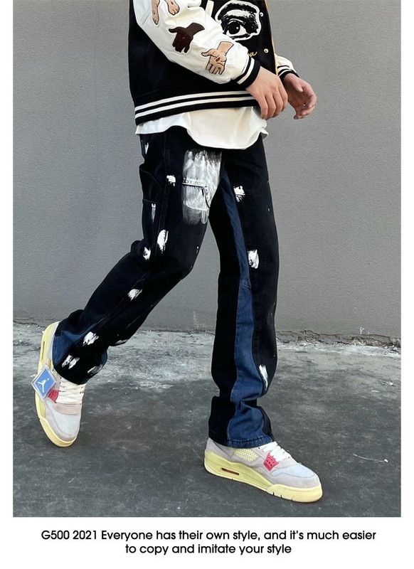 Disainiga pritsmete tindiga graffiti teksad High street vibe püksid meeste sirge õmblusega lahtised mustad Ameerika pikad püksid tide