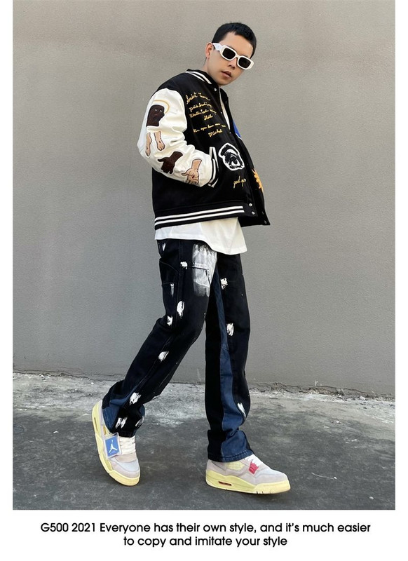 Disainiga pritsmete tindiga graffiti teksad High street vibe püksid meeste sirge õmblusega lahtised mustad Ameerika pikad püksid tide