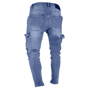 Мъжки ежедневни тесни дънкови панталони High Street Hip Hop Pure Color Jeans Pocket Zipper Slim Fit Hole Shreded Long Pants