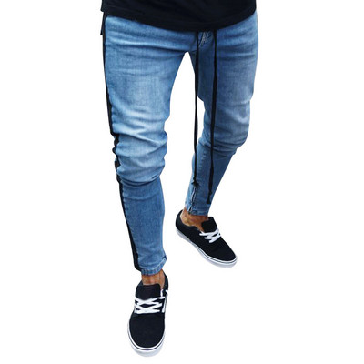 Ανδρικό, καθημερινό, στενό τζιν παντελόνι High Street Hip Hop Καθαρό Χρώμα Τζιν με φερμουάρ με φερμουάρ με λεπτή τρύπα, τριμμένο μακρύ παντελόνι