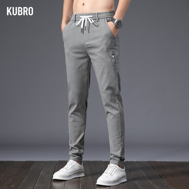KUBRO 2023 Muške ljetne ležerne hlače Ice Silk Straight Tube Visoke elastične vezice Nove jesenske muške šik poslovne plave hlače