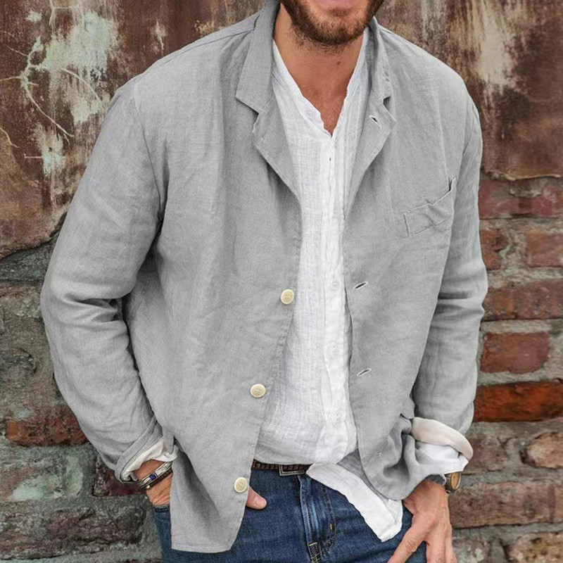 Kasdienis retro elegantiškas medvilninis linas oficialus plonas verslo britiško stiliaus vieneilis vienspalvis laisvas kostiumas švarkas, vyriški drabužiai