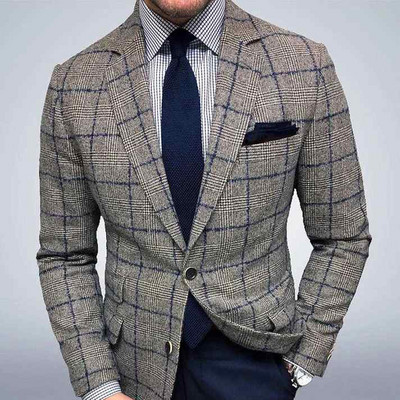 Engleska retro uzorak Muško ležerno odijelo Blazer Proljetni otvoreni ovratnik Poslovna vanjska odjeća Jesenska muška jakna s jednim gumbom Kaput