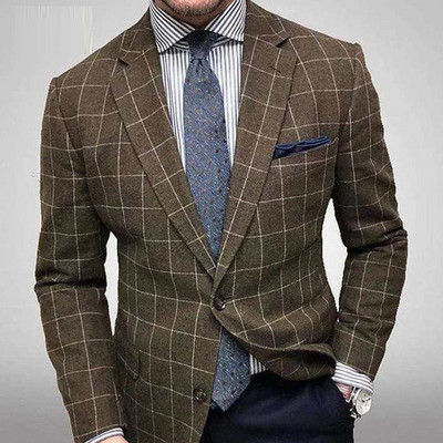 Engleska retro uzorak Muško ležerno odijelo Blazer Proljetni otvoreni ovratnik Poslovna vanjska odjeća Jesenska muška jakna s jednim gumbom Kaput