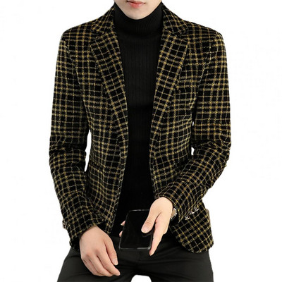 Muški blejzer Karirani kaput sa reverom od kristalnog baršuna, zadebljani sako, zgodni muški mladi karirani kaput, poslovno ležerno odijelo, sako, kaput