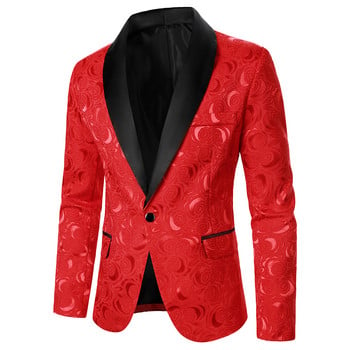 Мъжки костюм, палто, шарка на роза, ярък жакардов плат, яка с контрастен цвят, парти, луксозен дизайн, каузална мода, тесен мъжки блейзър