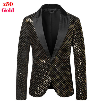 Kuninglik siniste litritega sädelevate kaunistustega bleiser jakk Meeste ühe nööbiga läikiv ruuduline smoking bleiserid meeste ööklubi balli lavakostüümid