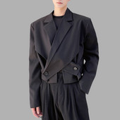 Ανδρικό κοντό ακανόνιστο μπλέιζερ μονόχρωμο μακρυμάνικο κοστούμι crossover γιακά splice παλτό Streetwear Νέα casual ανδρικά ρούχα