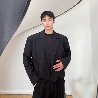 Ανδρικό κοντό ακανόνιστο μπλέιζερ μονόχρωμο μακρυμάνικο κοστούμι crossover γιακά splice παλτό Streetwear Νέα casual ανδρικά ρούχα