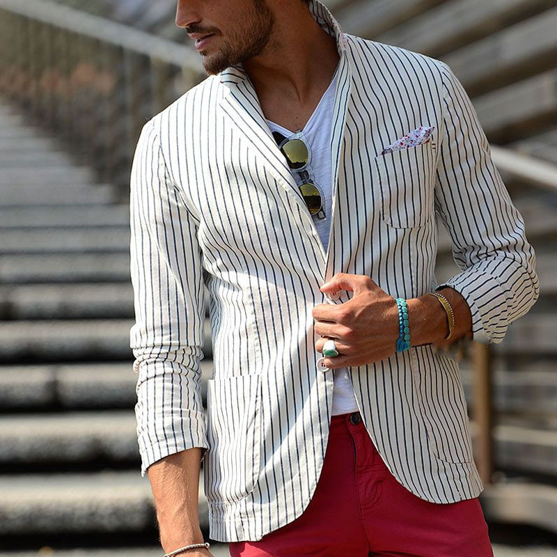 Meeste lõngaga värvitud õhukese triibuga nutikas vabaaja ülikonna jakk (voodriga) kevad-sügisene pikkade varrukatega bleisermantel Meeste moodsad ülerõivad