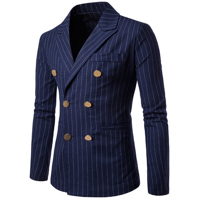 Blazer cu mânecă lungă pentru bărbați, model în dungi, design decorativ pentru buzunar la piept, modă de afaceri, slim fit, cu două piept, pentru bărbați.