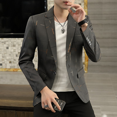 HOO 2023 meeste sügis uus trükitud joonega trükitud bleiser Slim Fit noorte mood vaba aja bleiser