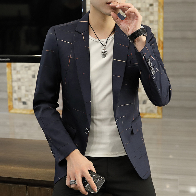 HOO 2023 meeste sügis uus trükitud joonega trükitud bleiser Slim Fit noorte mood vaba aja bleiser