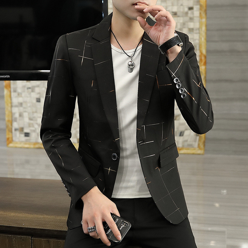 HOO 2023 meeste sügis uus trükitud joonega trükitud bleiser Slim Fit noorte mood vaba aja bleiser