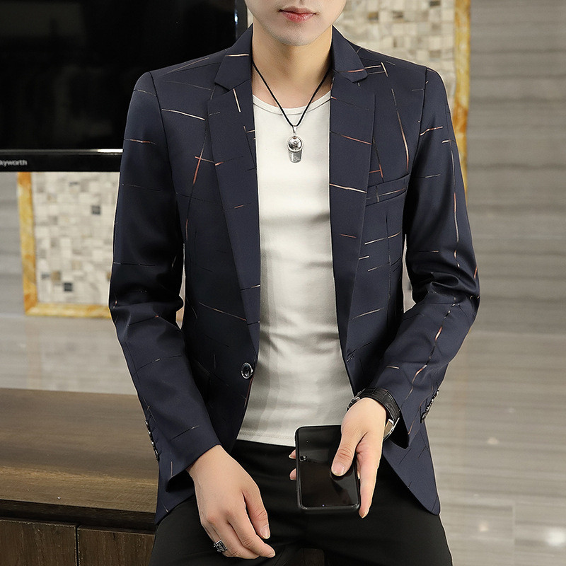 HOO 2023 meeste sügis uus trükitud joonega trükitud bleiser Slim Fit noorte mood vaba aja bleiser