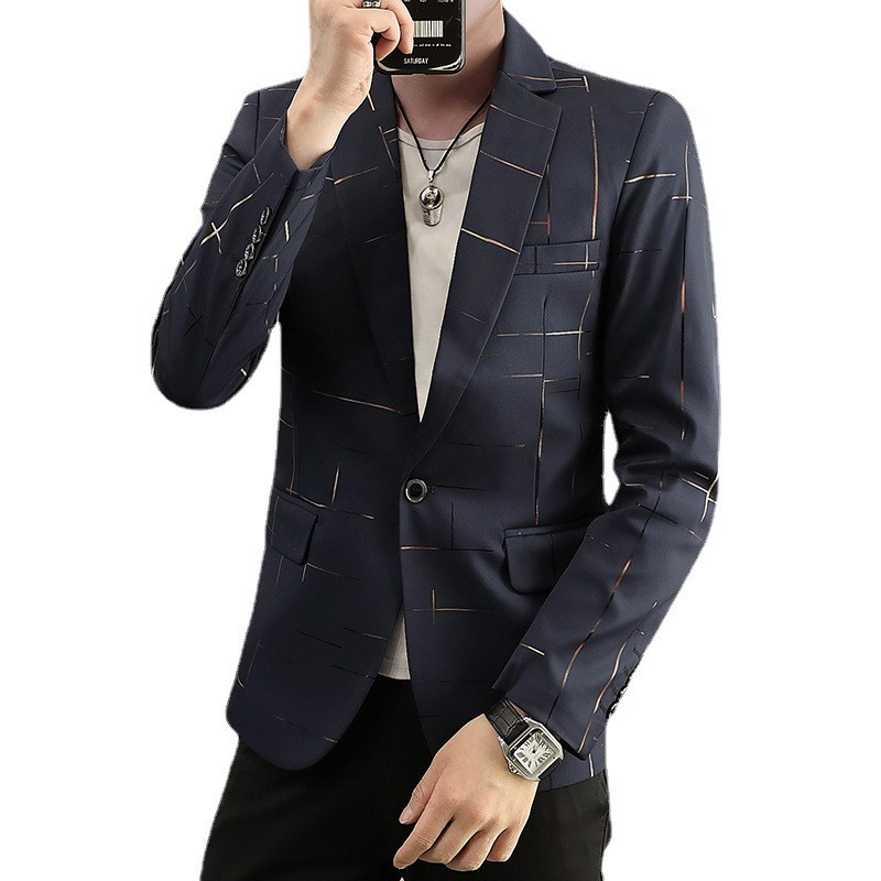 HOO 2023 meeste sügis uus trükitud joonega trükitud bleiser Slim Fit noorte mood vaba aja bleiser