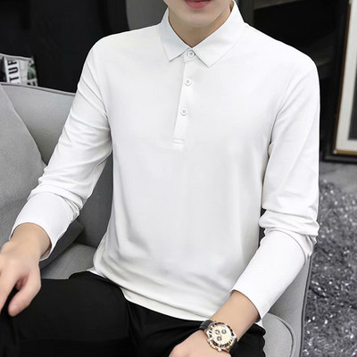 Mood Sügiskevad Meeste pikkade varrukatega polo-krae Puuvill Täiskujuline Must Valge Äri T-särk Noorte T-särgid T-särgid Top