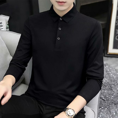 Mood Sügiskevad Meeste pikkade varrukatega polo-krae Puuvill Täiskujuline Must Valge Äri T-särk Noorte T-särgid T-särgid Top