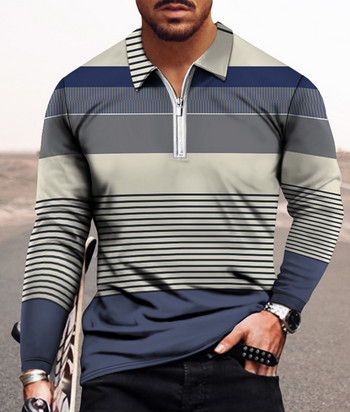 Мъжки ежедневни есенни поло ризи с дълъг ръкав Мъжка тениска с цип Мъжки топове Улично облекло за голф Мъжки дрехи с геометричен принт 2022
