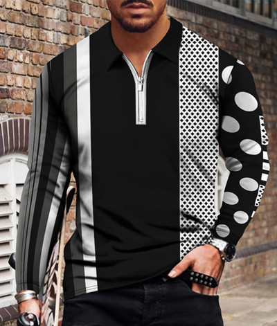 Meeste vabaaja sügise pikkade varrukatega polosärgid Meeste lukuga T-särk Meeste topid Tänavagolfirõivad Meeste geomeetrilise trükiga riided 2022