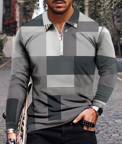 Meeste vabaaja sügise pikkade varrukatega polosärgid Meeste lukuga T-särk Meeste topid Tänavagolfirõivad Meeste geomeetrilise trükiga riided 2022