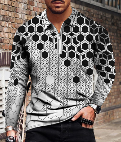 Meeste vabaaja sügise pikkade varrukatega polosärgid Meeste lukuga T-särk Meeste topid Tänavagolfirõivad Meeste geomeetrilise trükiga riided 2022