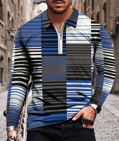 Meeste vabaaja sügise pikkade varrukatega polosärgid Meeste lukuga T-särk Meeste topid Tänavagolfirõivad Meeste geomeetrilise trükiga riided 2022