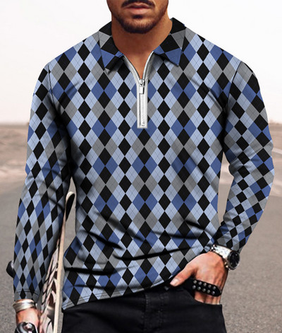 Meeste vabaaja sügise pikkade varrukatega polosärgid Meeste lukuga T-särk Meeste topid Tänavagolfirõivad Meeste geomeetrilise trükiga riided 2022