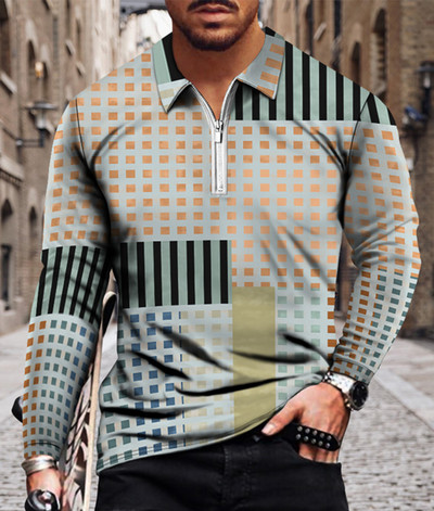 Meeste vabaaja sügise pikkade varrukatega polosärgid Meeste lukuga T-särk Meeste topid Tänavagolfirõivad Meeste geomeetrilise trükiga riided 2022