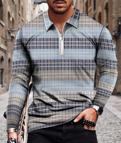 Meeste vabaaja sügise pikkade varrukatega polosärgid Meeste lukuga T-särk Meeste topid Tänavagolfirõivad Meeste geomeetrilise trükiga riided 2022