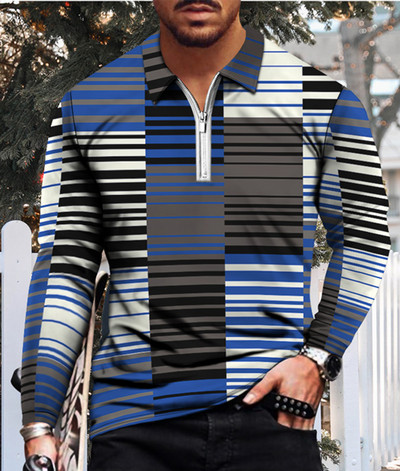 Meeste vabaaja sügise pikkade varrukatega polosärgid Meeste lukuga T-särk Meeste topid Tänavagolfirõivad Meeste geomeetrilise trükiga riided 2022